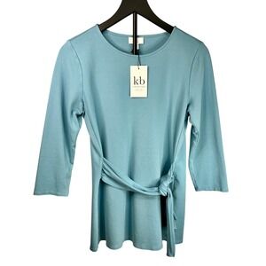 J Jill Ponte Knit Top Women's Tie Waist 3/4 Sleeve Blue Casual-‎ Small
